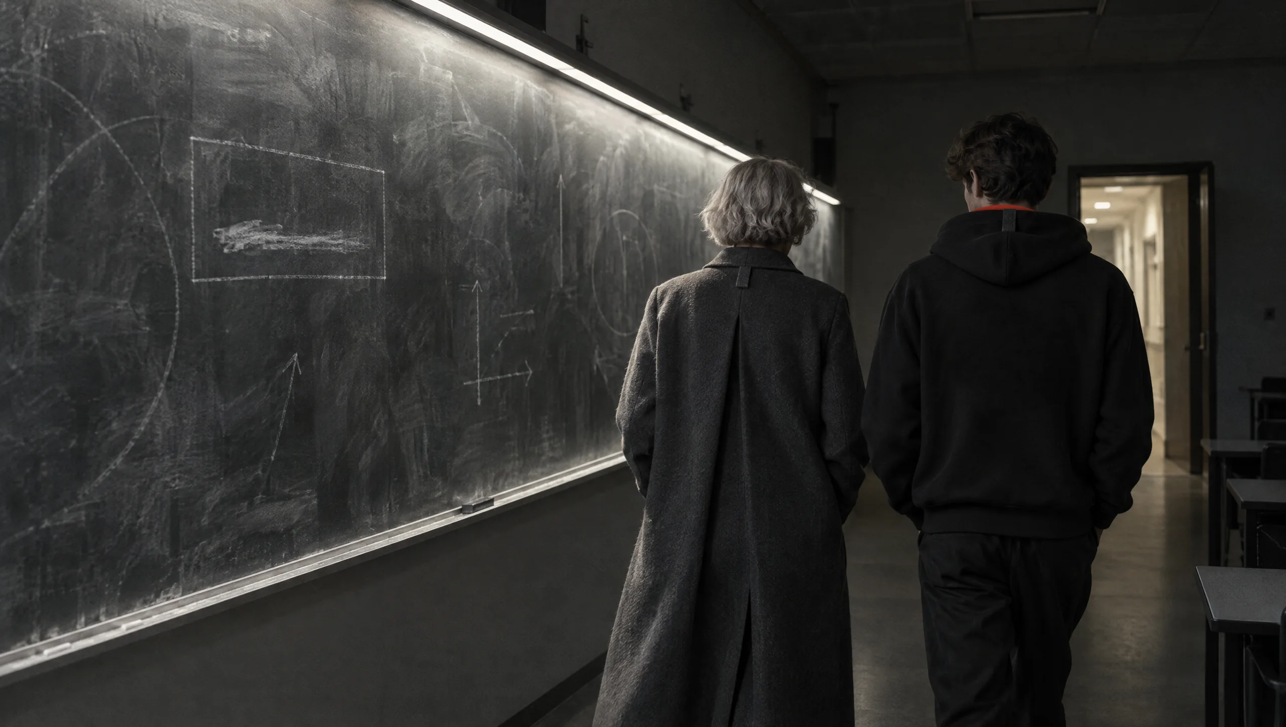 Two people seen from behind leaving a dark seminar room at night, one in a long coat with a back pleat, one in a black zip hoodie with a sliver of red at the nape; on the board one line of working has been left, boxed in chalk.