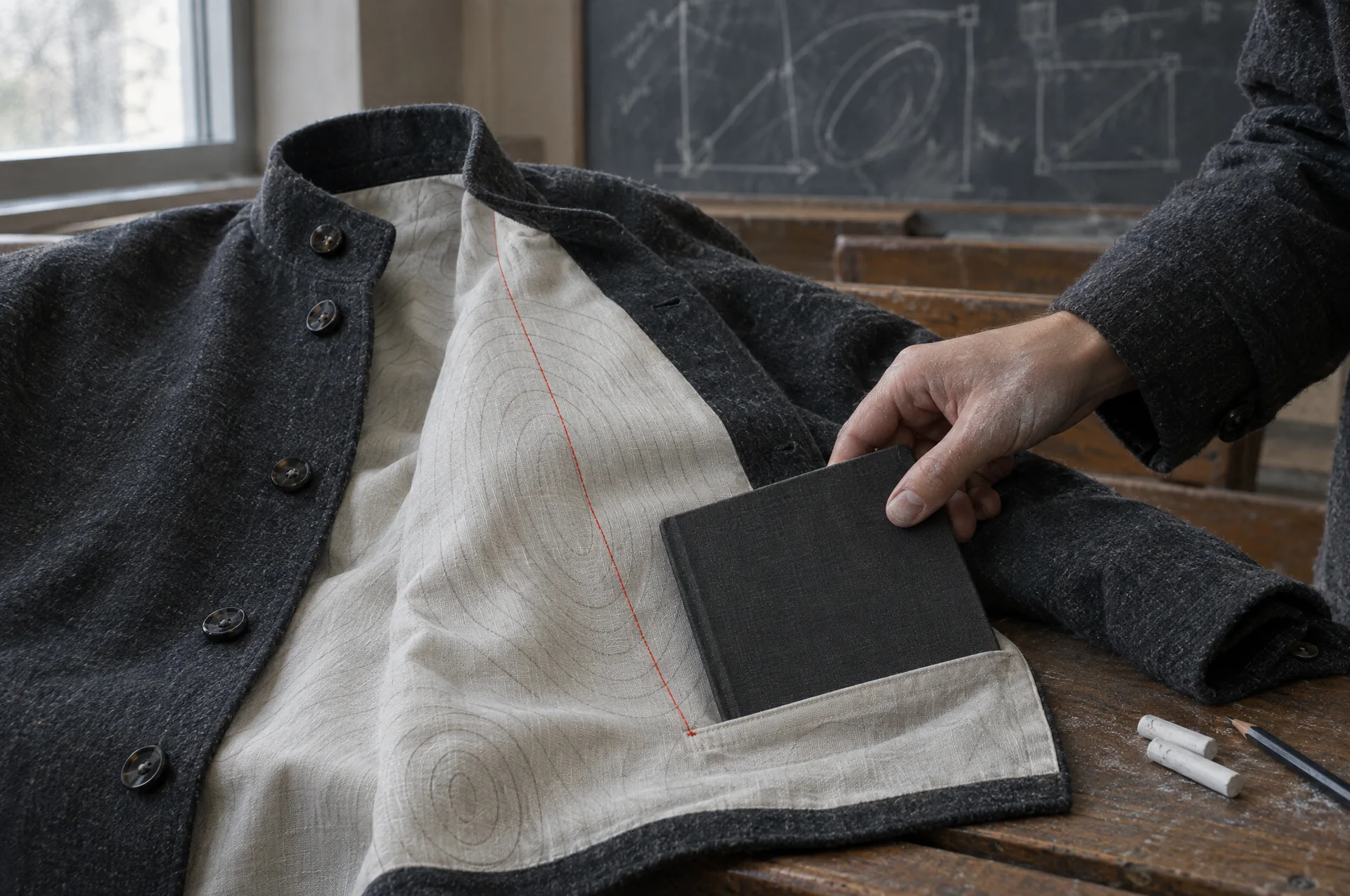 Close-up of a flannel jacket lying open on a bench, its lining woven with contour lines, a hand sliding a notebook into the low inside pocket where a red line of stitching ends.