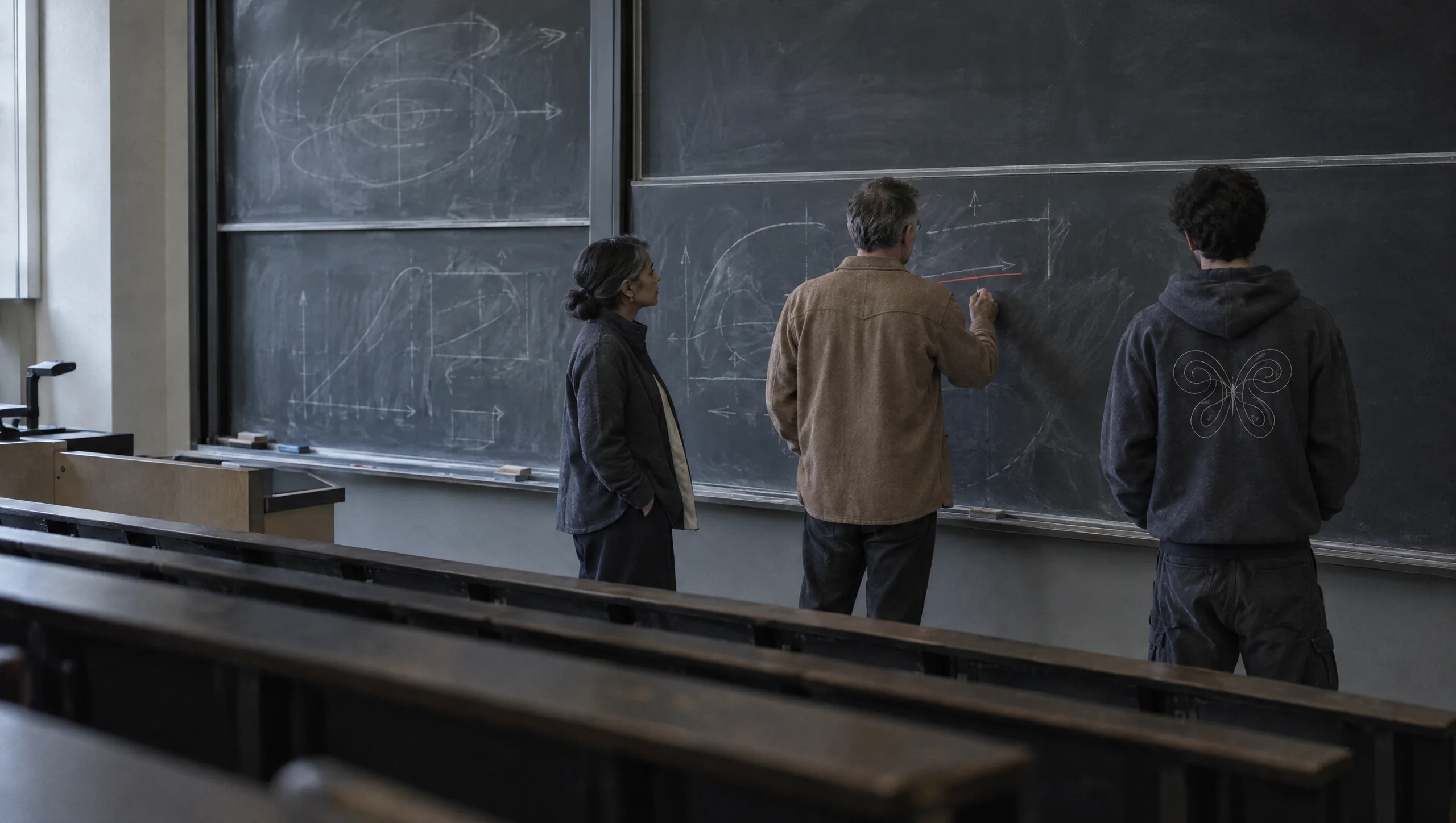 Three people of different ages at a long wall of blackboards in a lecture hall, two with their backs to us and a professor in profile, the benches in the foreground in shadow.