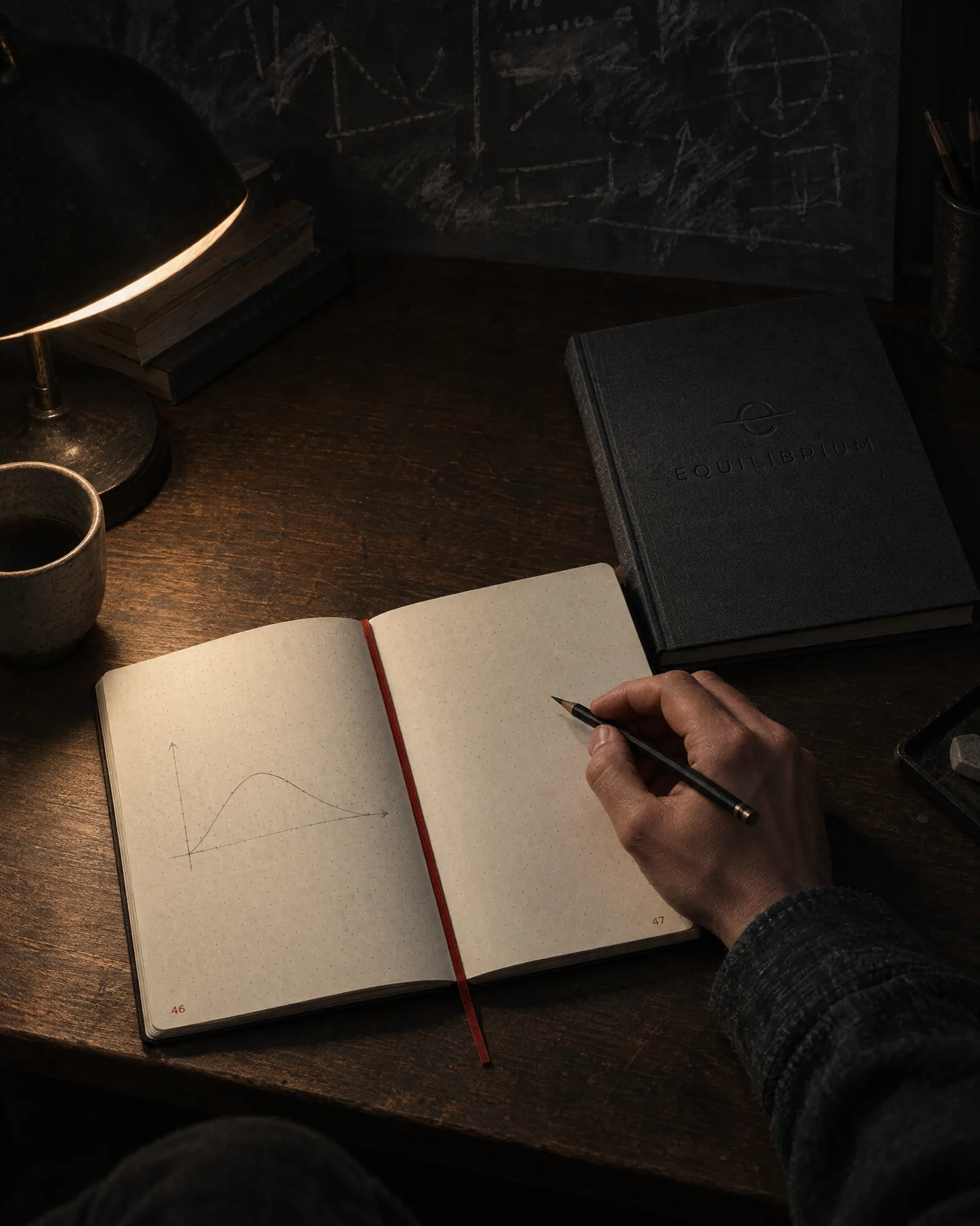 An open dot-grid notebook with a pencil drawing under a desk lamp at night, beside a closed slate cloth copy debossed with the Equilibrium logo.